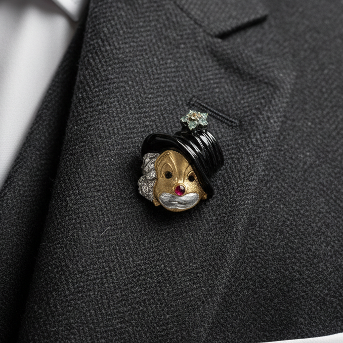 Clown Diamond, Onyx, Ruby 14K Yellow and White Gold Pendant Brooch