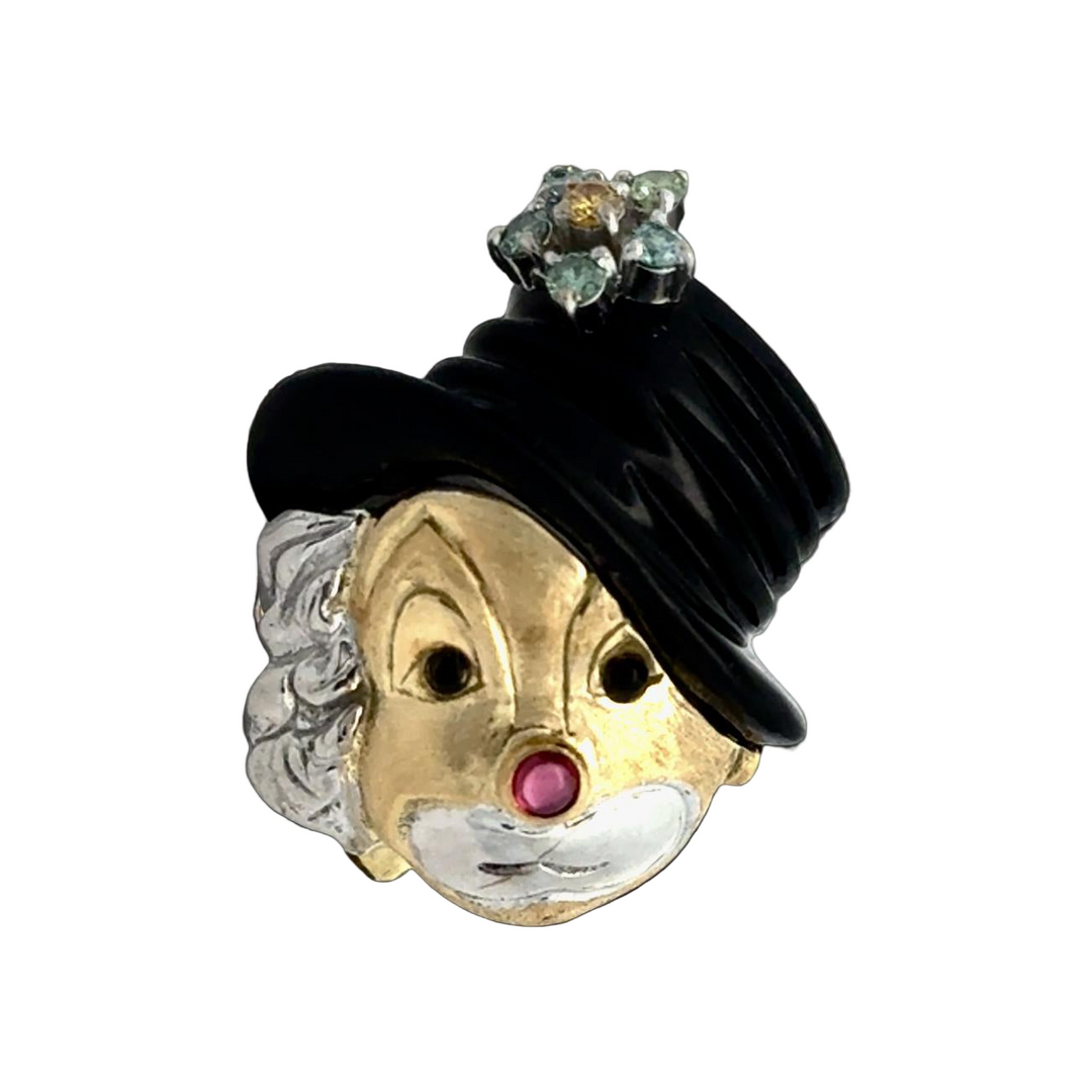 Clown Diamond, Onyx, Ruby 14K Yellow and White Gold Pendant Brooch