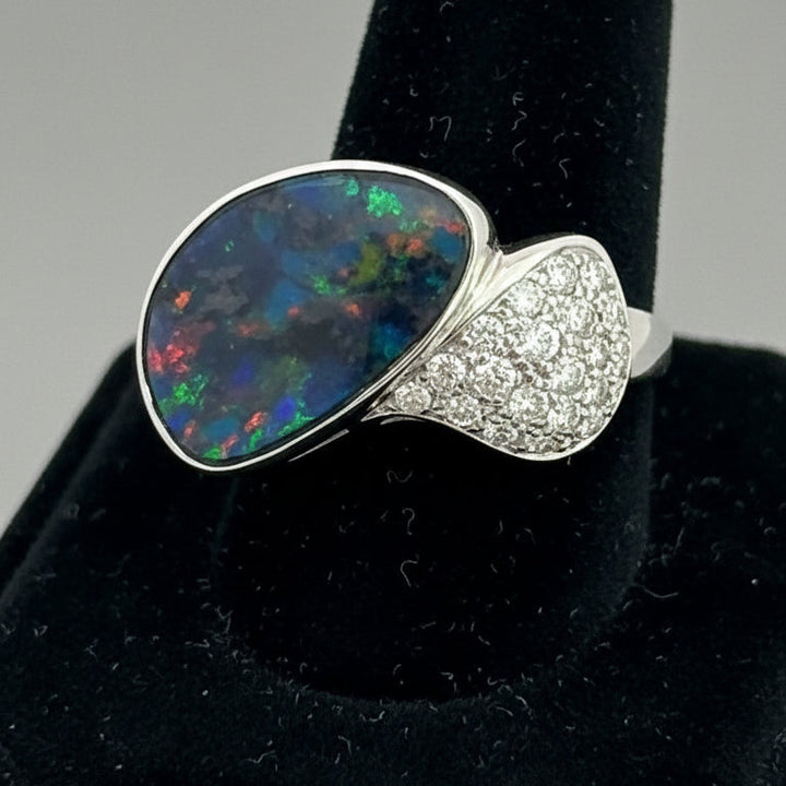 Estate Designer Freeform 4.26ct Black Opal Diamond Platinum Ring 14983