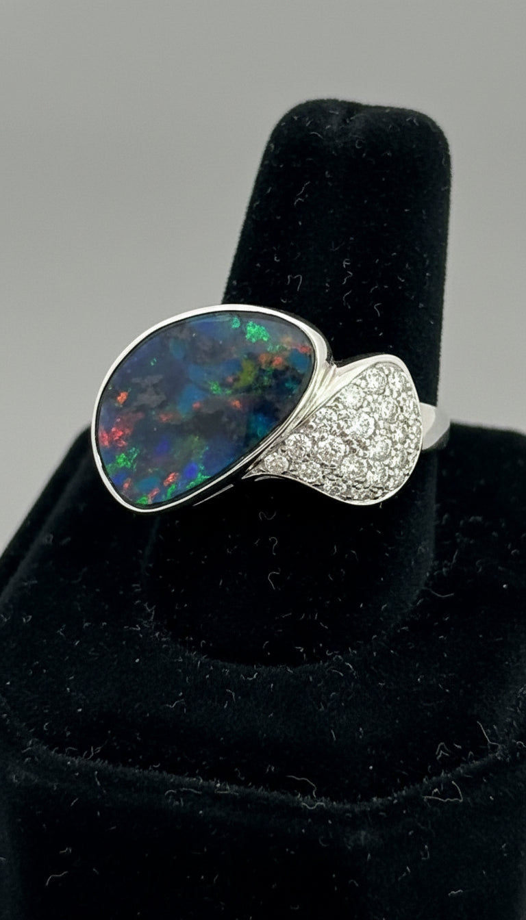 Estate Designer Freeform 4.26ct Black Opal Diamond Platinum Ring 14983