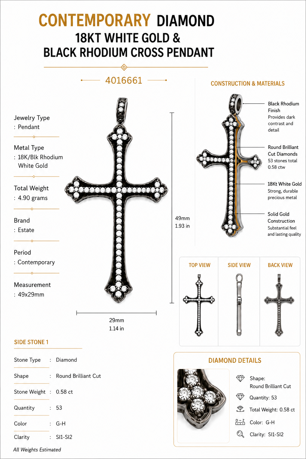 Contemporary Diamond 18Kt White Gold & Black Rhodium Cross Pendant