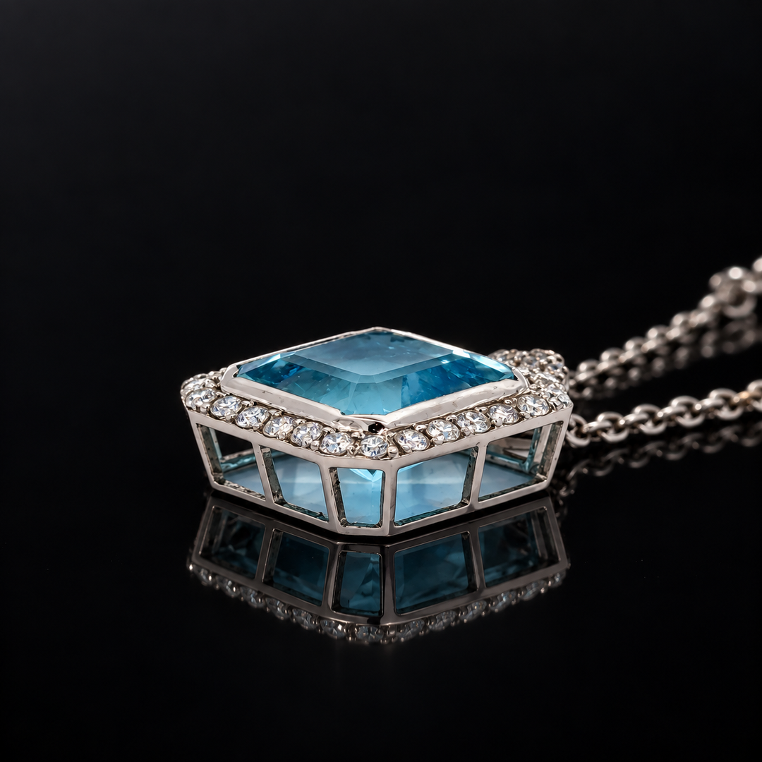 Estate Designer 5.42ct Santa Maria Aquamarine and Diamond 14K White Gold Necklace