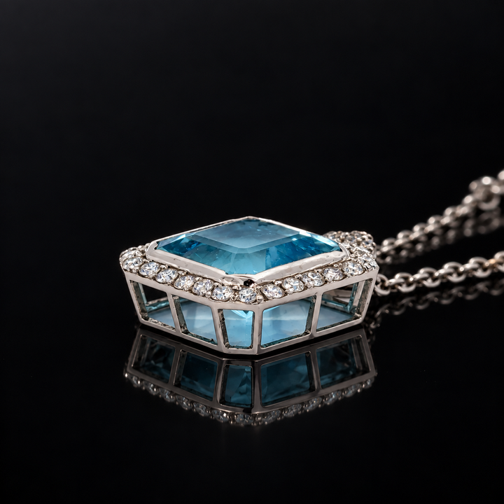 Estate Designer 5.42ct Santa Maria Aquamarine and Diamond 14K White Gold Necklace