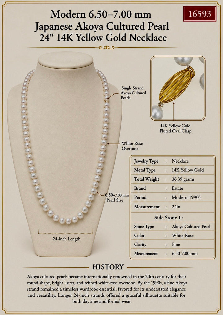 Modern 6.50 x 7.00 mm Japanese Akoya Cultured Pearls 24" 14kt Yellow Gold Necklace