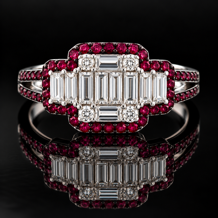 Estate Designer Diamond & Ruby 18K White Gold Ring