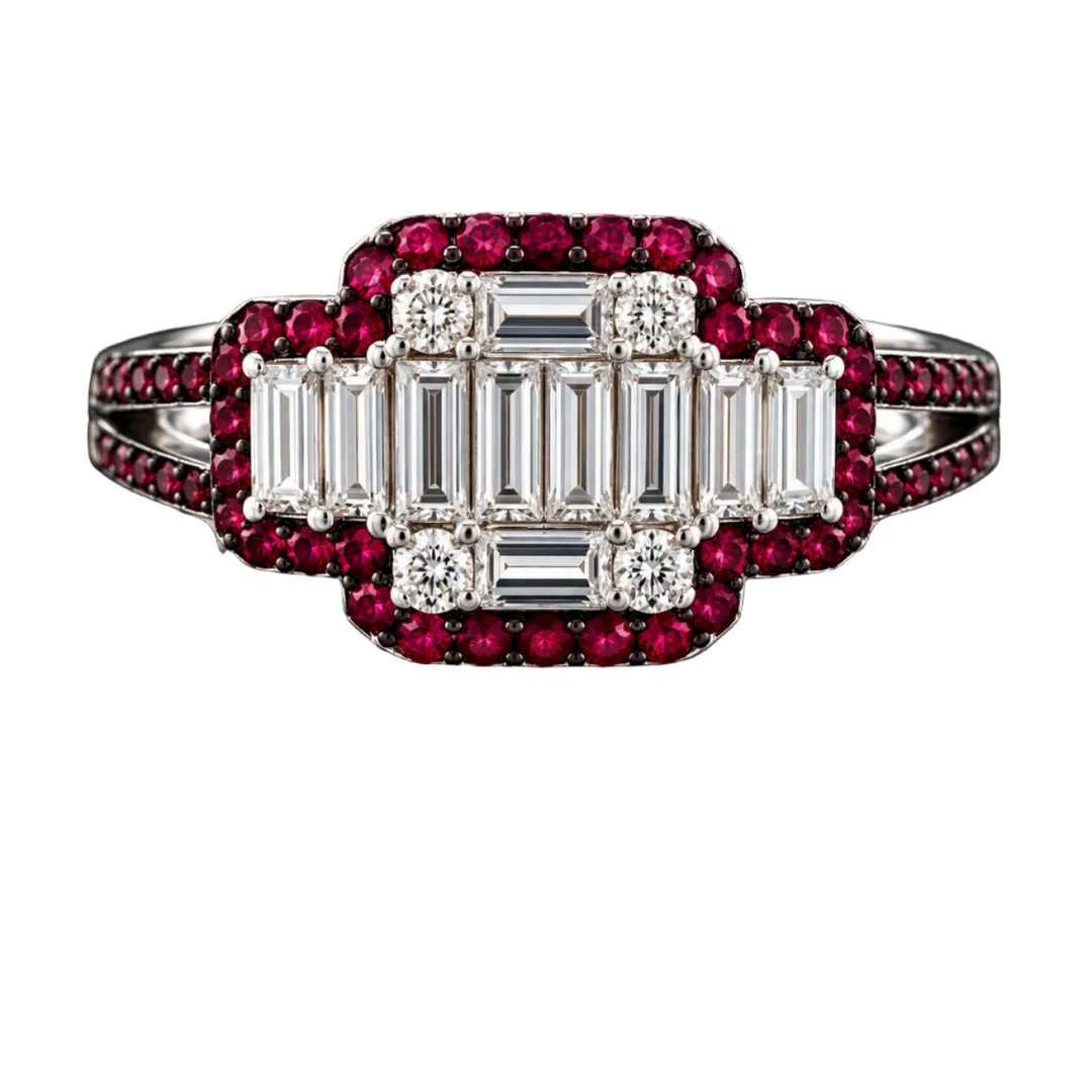 Estate Designer Diamond & Ruby 18K White Gold Ring