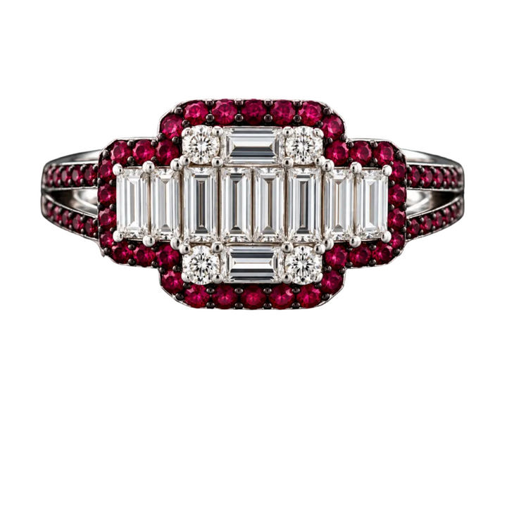Estate Designer Diamond & Ruby 18K White Gold Ring
