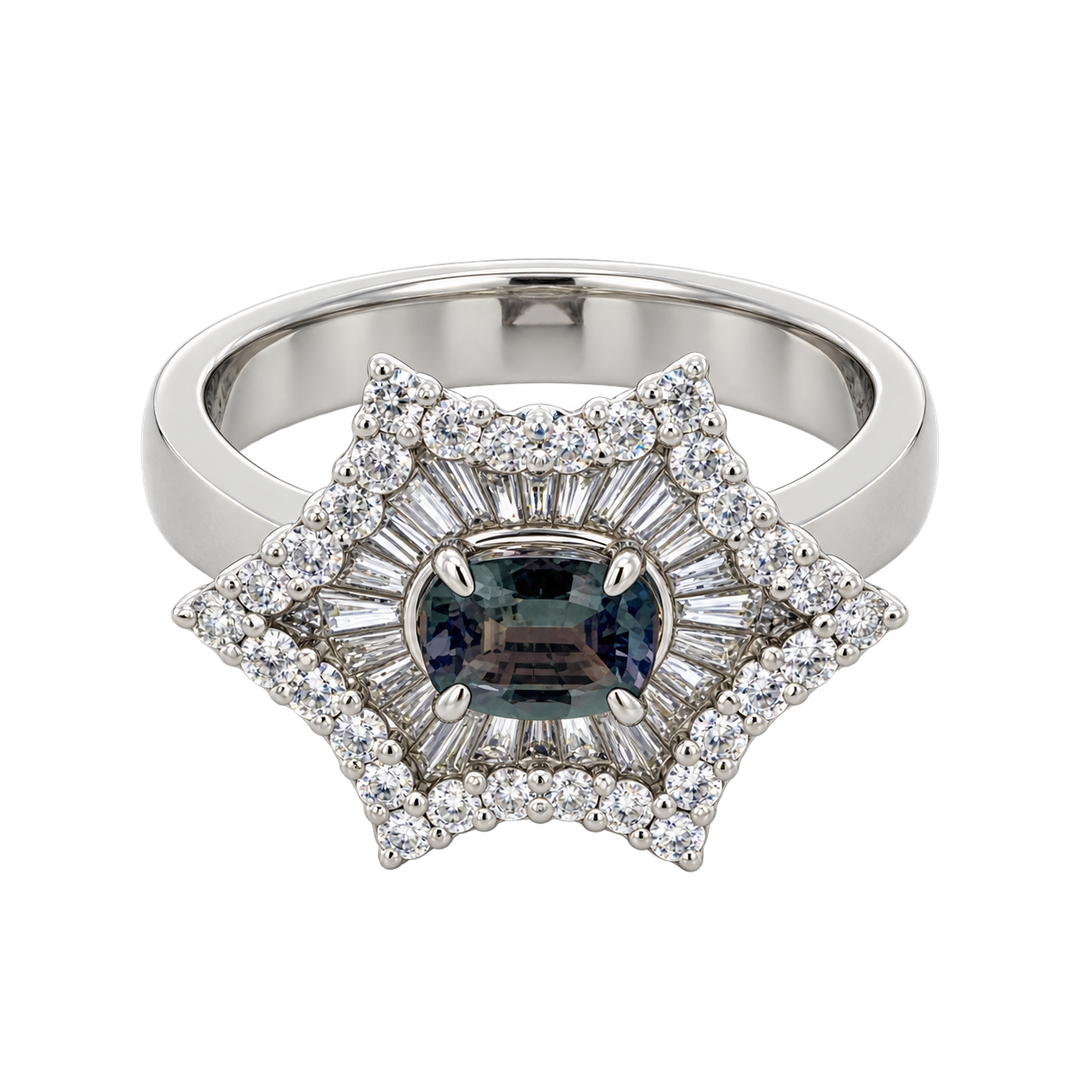 Estate Color Change Alexandrite & Diamond Platinum Ring