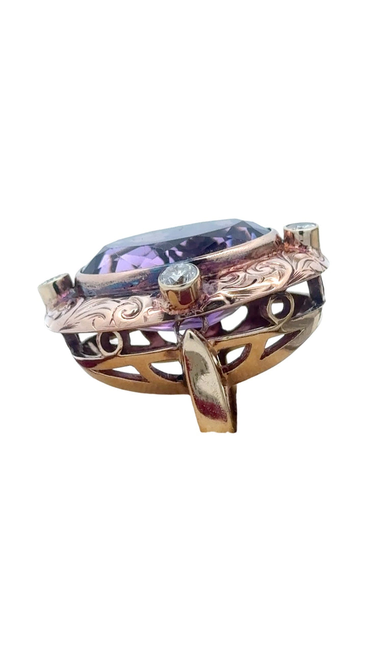 Estate 11.96 ct Oval Amethyst and Diamond 14K Yellow Gold Ring 15661