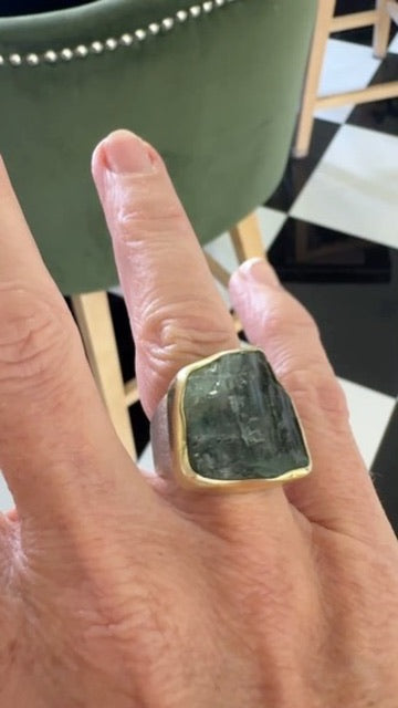 Modern Designer Rough Cut Aquamarine, Silver & 18kt Yellow Gold Set