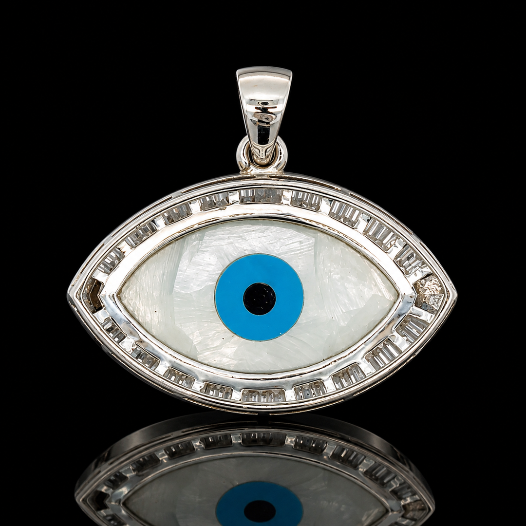 Estate Good Luck Diamond & Mother Of Pearl, Turquoise 18KT White Gold Pendant
