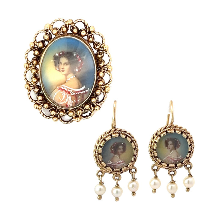 Antique Painted Portrait 14K Yellow Gold Brooch and Earrings