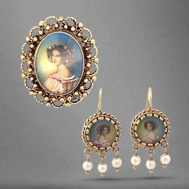 Antique Painted Portrait 14K Yellow Gold Brooch and Earrings