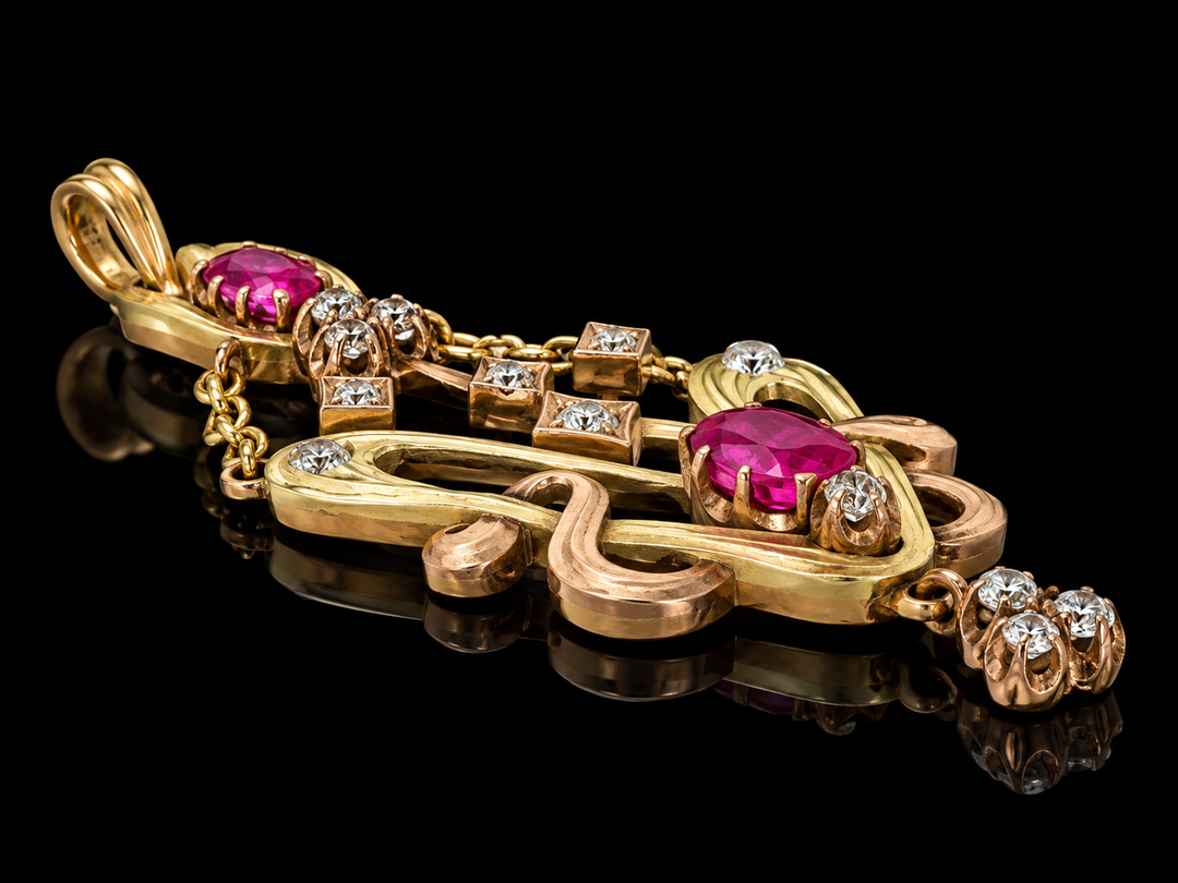 Estate Rose Cut Diamond & Pink Sapphire 14KT Yellow Gold Pendant