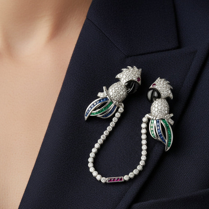 Estate Double Clip (Duette) Diamond, Onyx, Emerald, Sapphire, Ruby 18K White Gold Parrott Brooch