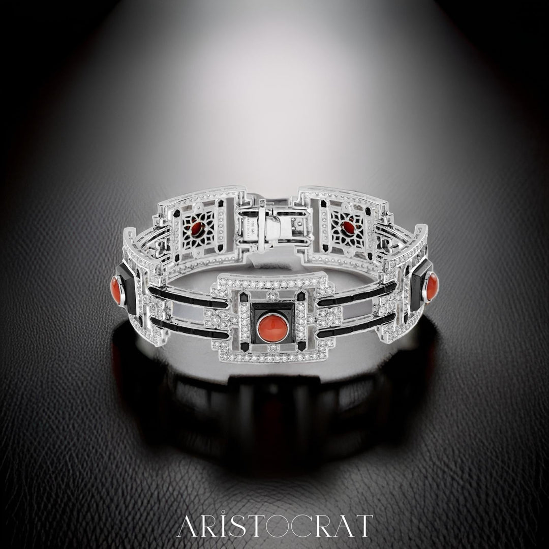 Aristocrat Collection Art Deco Inspired Coral Onyx White Gold Bracelet 15089