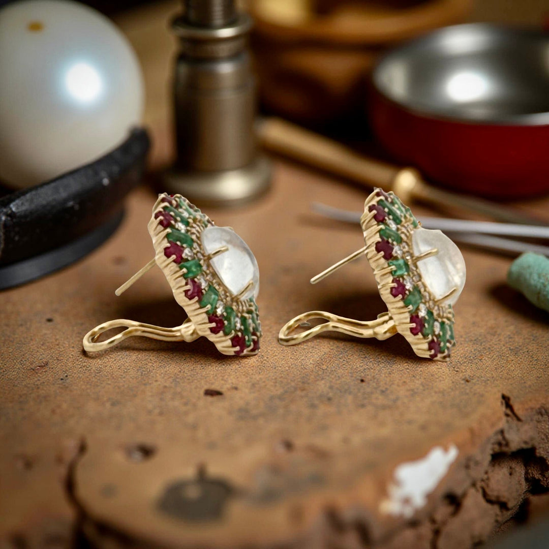 Moonstone, Ruby, Emerald and Diamond 18k Yellow Gold Earrings