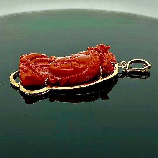Modern Circa 1950's Carved Red Coral Pendant Mounted 18Kt Yellow Gold