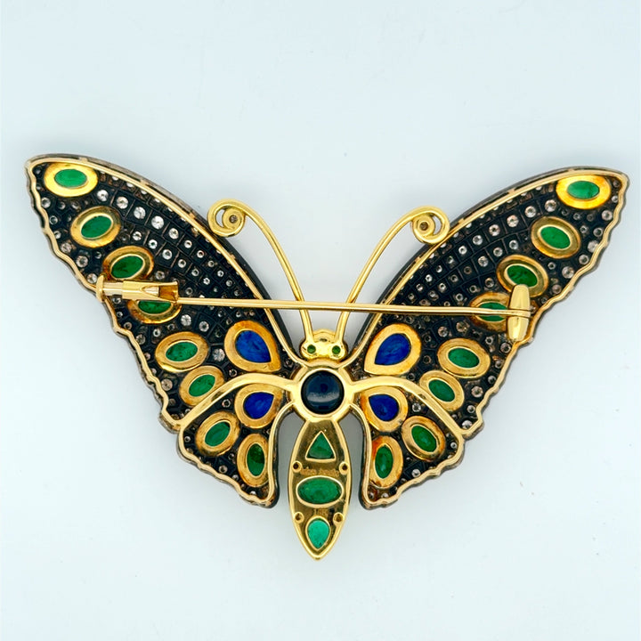 Estate Sapphire Emerald Diamond 14K Yellow Gold Silver Top Butterfly Brooch/Pendant 15337