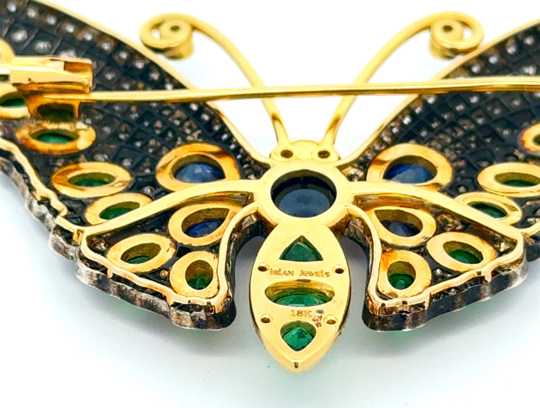 Estate Sapphire Emerald Diamond 14K Yellow Gold Silver Top Butterfly Brooch/Pendant 15337
