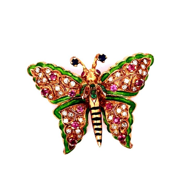 Ruby, Diamond, Sapphire, Enamel and 18K Yellow Gold Butterfly Brooch/Pendant