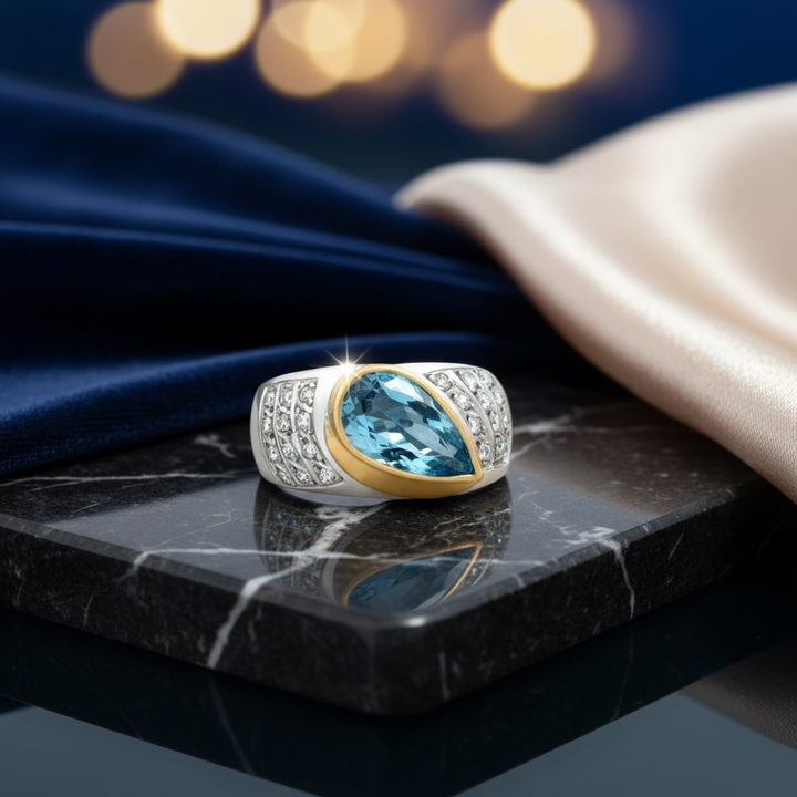 Aquamarine and Diamond Platinum 18K Yellow Gold Ring