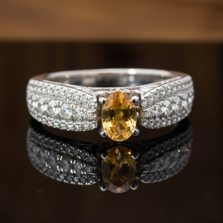 Citrine and Diamond 14K White Gold Ring 14853