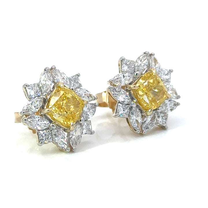 2.50 CTW Yellow & White Lab Grown Diamond Floral Cluster Stud 14K Yellow Gold Earrings