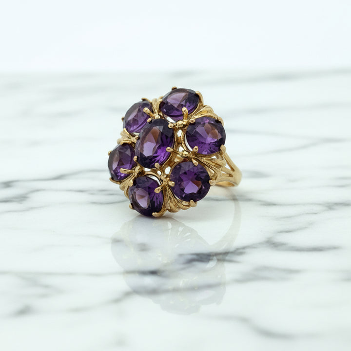 Vintage 10K Yellow Gold Amethyst Cluster Ring