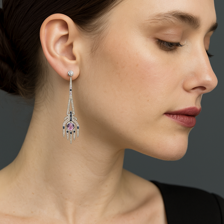 Aristocrat Art Deco Style Diamond, Pink and Blue Sapphire and 18K White Gold Dangle Earrings