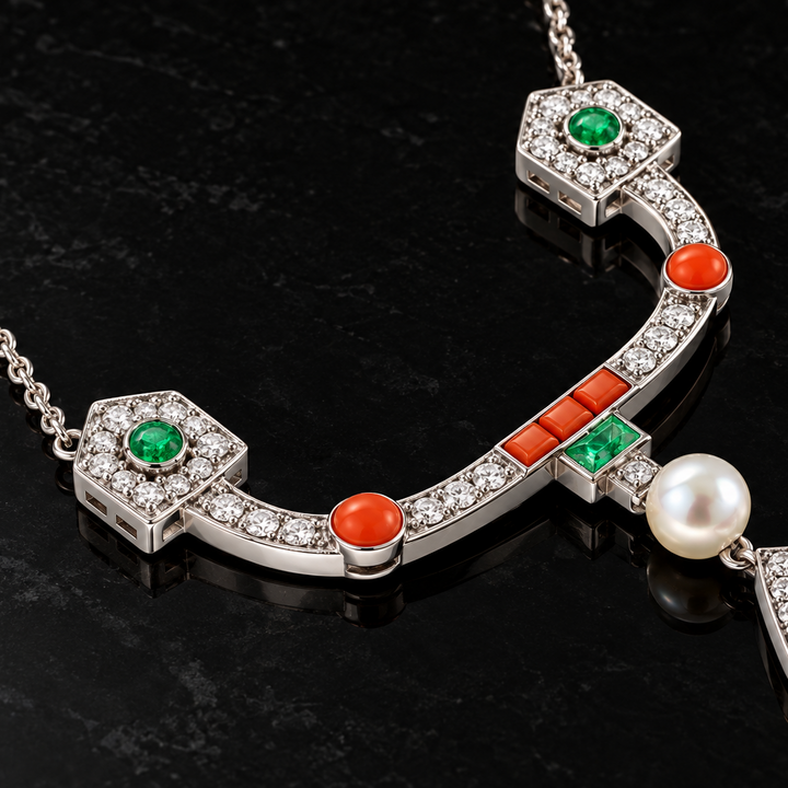 Diamond, Coral, Emerald, Pearl and Onyx 18K White Gold Necklace