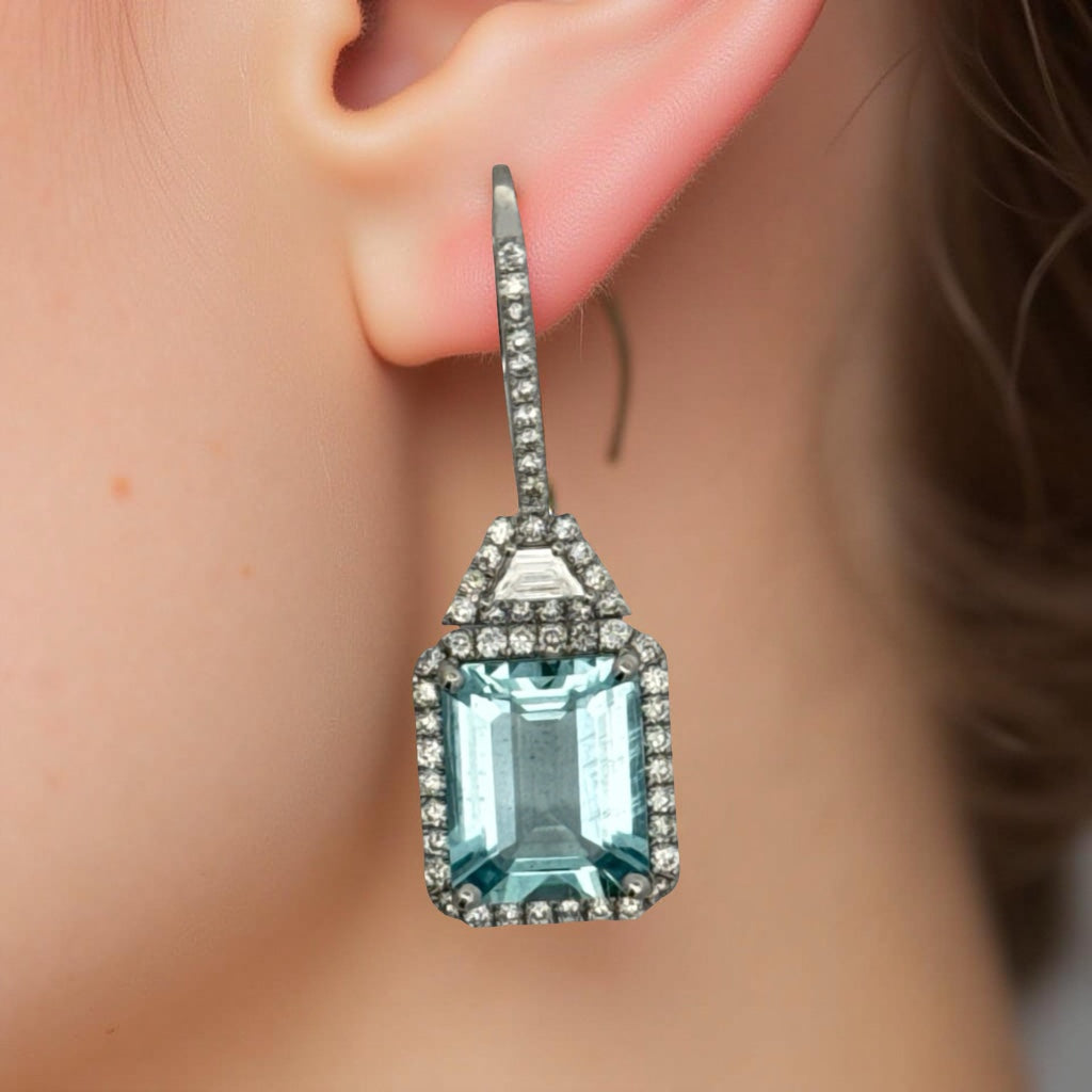 Modern Diamond and Aquamarine Dangle 14k White Gold Earrings