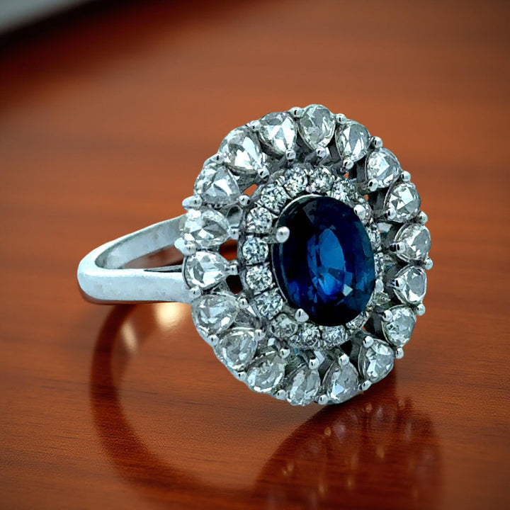 Oval Sapphire and Rose Cut Diamond 18K White Gold Ring