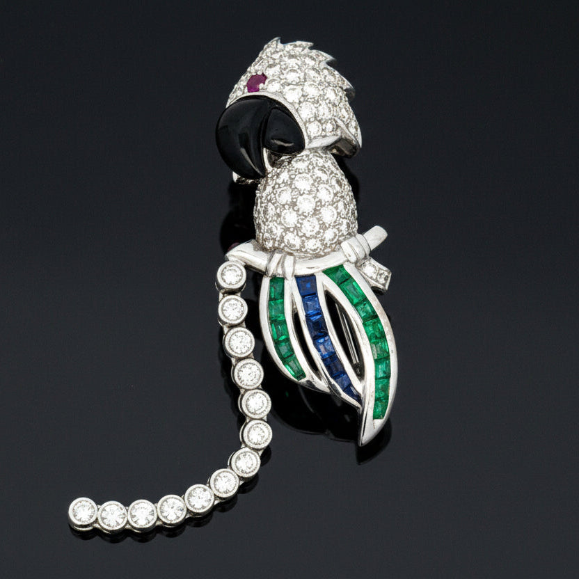 Tutti Frutti Influence Double Clip (Duette) Diamond, Onyx, Emerald, Sapphire, Ruby 18K White Gold Parrott Brooch