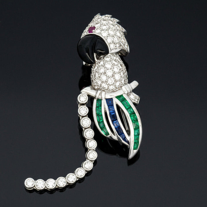Tutti Frutti Influence Double Clip (Duette) Diamond, Onyx, Emerald, Sapphire, Ruby 18K White Gold Parrott Brooch