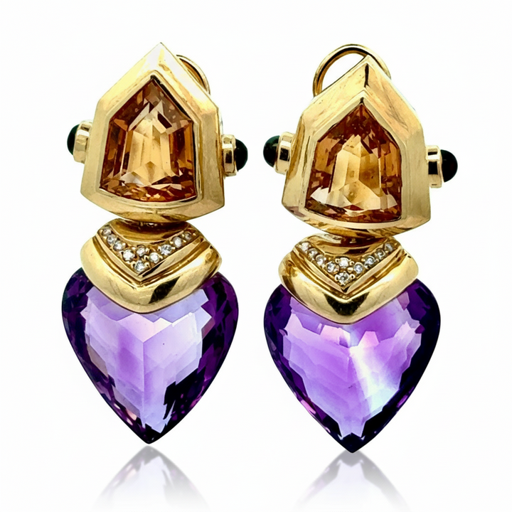 Personal Estate Of Hollywood Actress Diane Ladd 40 cttw Amethsyt 20 cttw Citrine and Diamond 18K YG Earrings 15299
