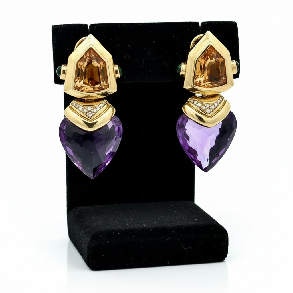 Personal Estate Of Hollywood Actress Diane Ladd 40 cttw Amethsyt 20 cttw Citrine and Diamond 18K YG Earrings 15299