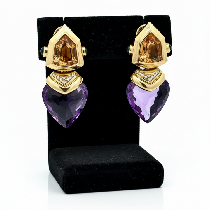 Personal Estate Of Hollywood Actress Diane Ladd 40 cttw Amethsyt 20 cttw Citrine and Diamond 18K YG Earrings 15299