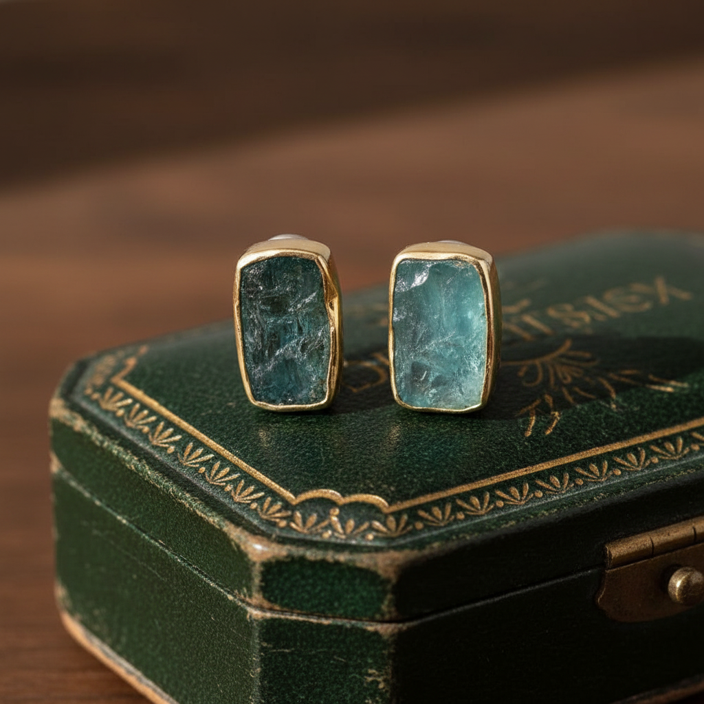 Modern Designer Rough Cut Aquamarine, Silver & 18kt Yellow Gold Set