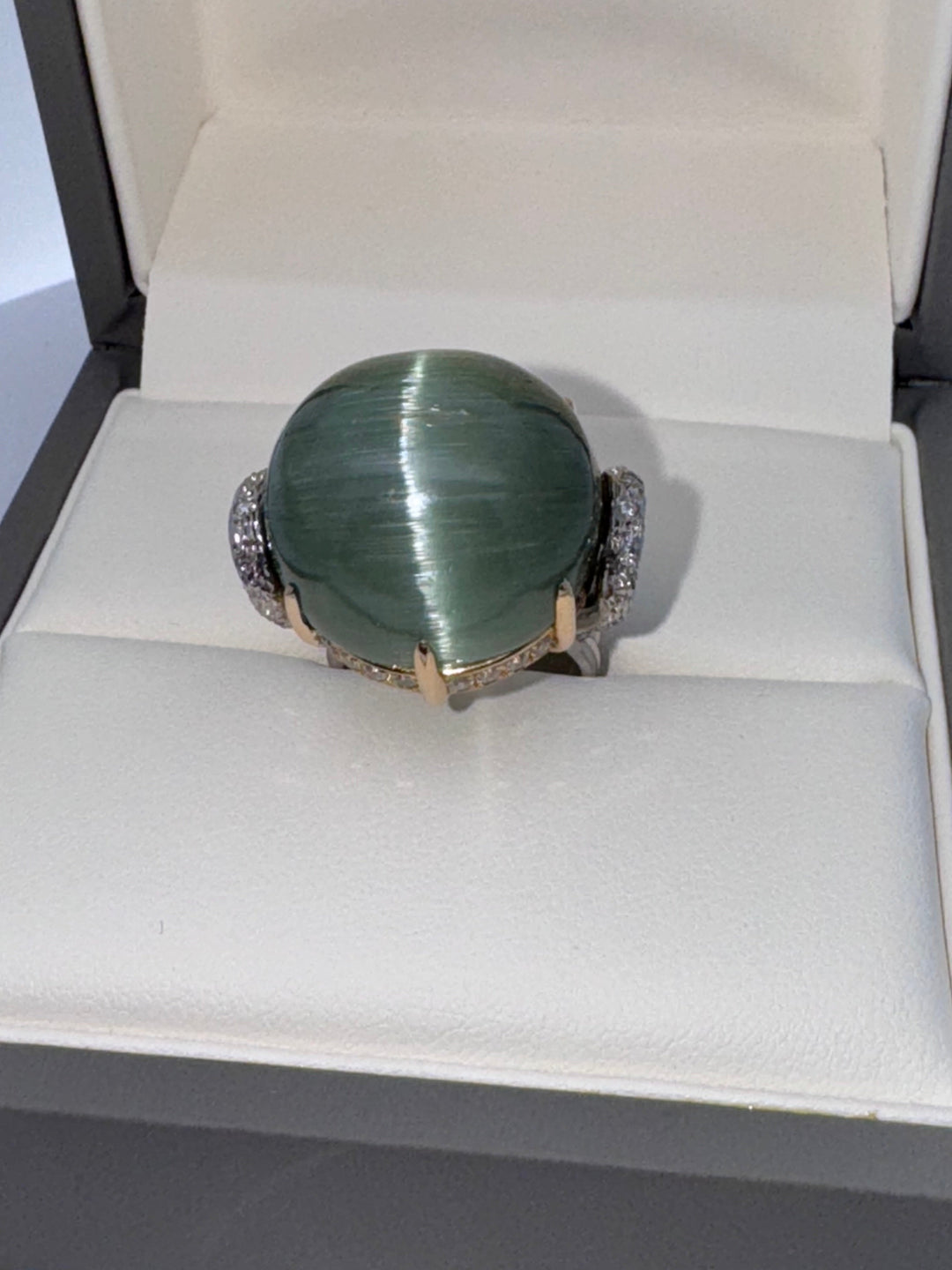 Custom Made Designer 61 Carat Cats Eye Tourmaline, Diamond, Platinum and 18K Yellow Gold Ring