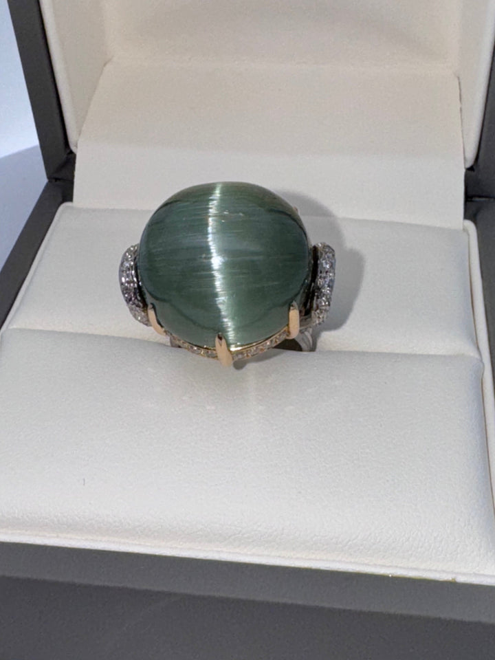 Custom Made Designer 61 Carat Cats Eye Tourmaline, Diamond, Platinum and 18K Yellow Gold Ring