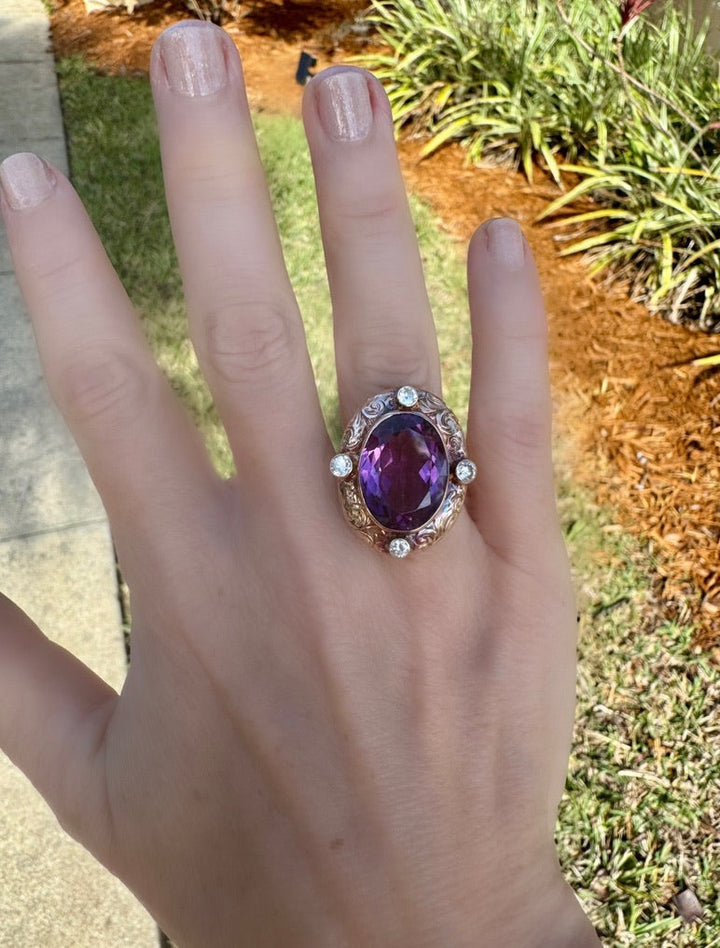 Estate 11.96 ct Oval Amethyst and Diamond 14K Yellow Gold Ring 15661