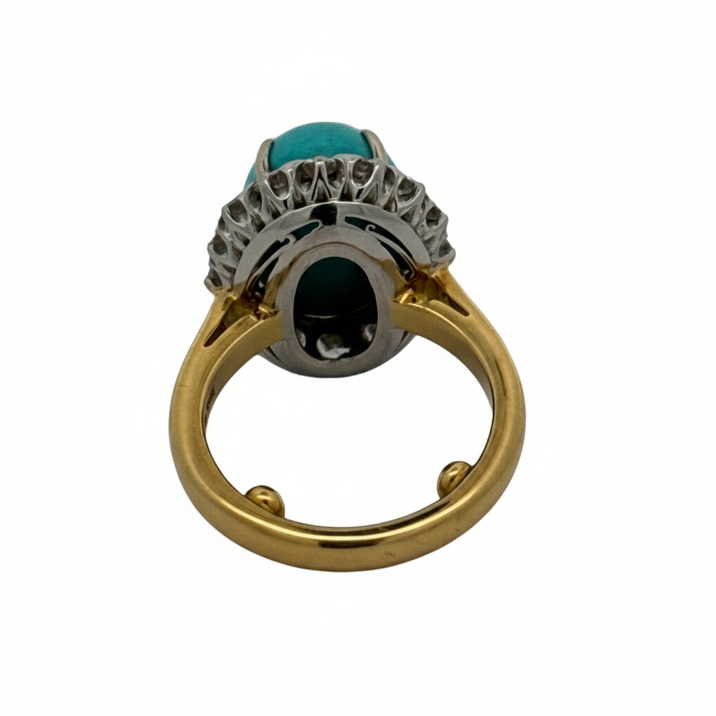 Rare No Treatment/ Natural Turquoise Cabochon and Diamond 18Kt Yellow Gold and Platinum Ring (GIA)