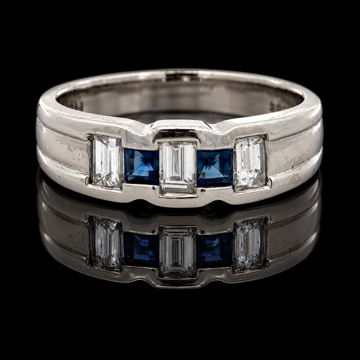 Estate Designer Fine Sapphire & Diamond 18KT White Gold Ring
