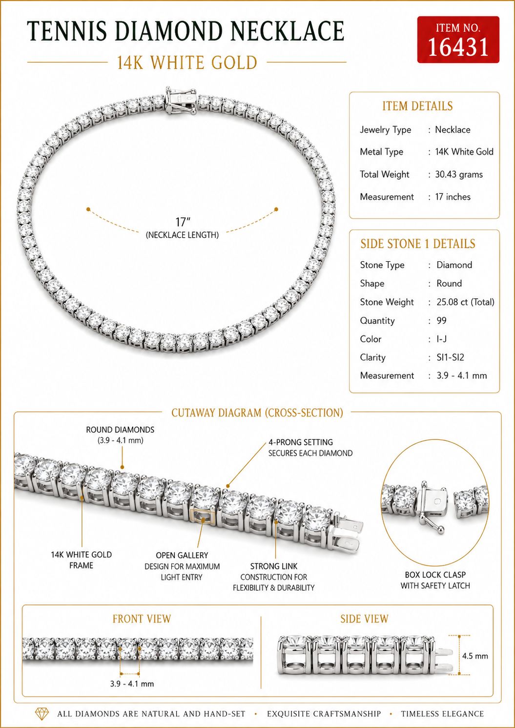 Straight Line Diamond Necklace 25.08cttw I-J SI1-SI2 14K White Gold