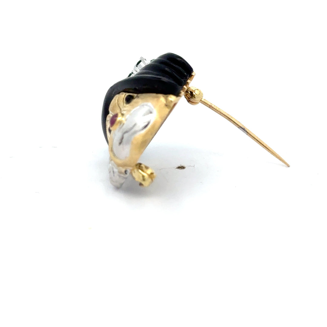 Clown Diamond, Onyx, Ruby 14K Yellow and White Gold Pendant Brooch