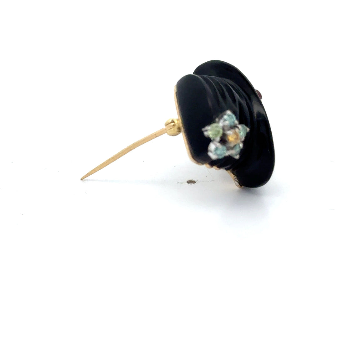 Clown Diamond, Onyx, Ruby 14K Yellow and White Gold Pendant Brooch