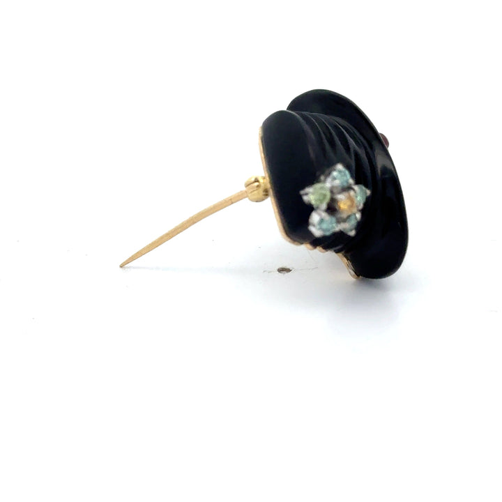 Clown Diamond, Onyx, Ruby 14K Yellow and White Gold Pendant Brooch