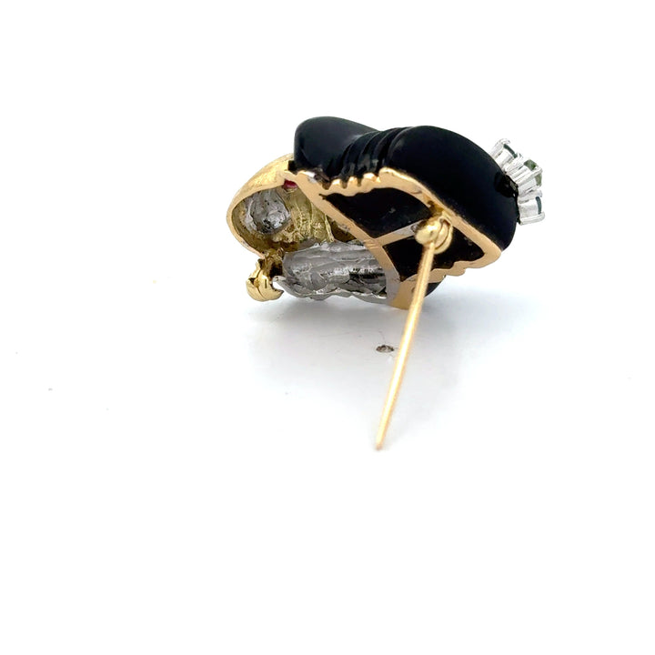 Clown Diamond, Onyx, Ruby 14K Yellow and White Gold Pendant Brooch