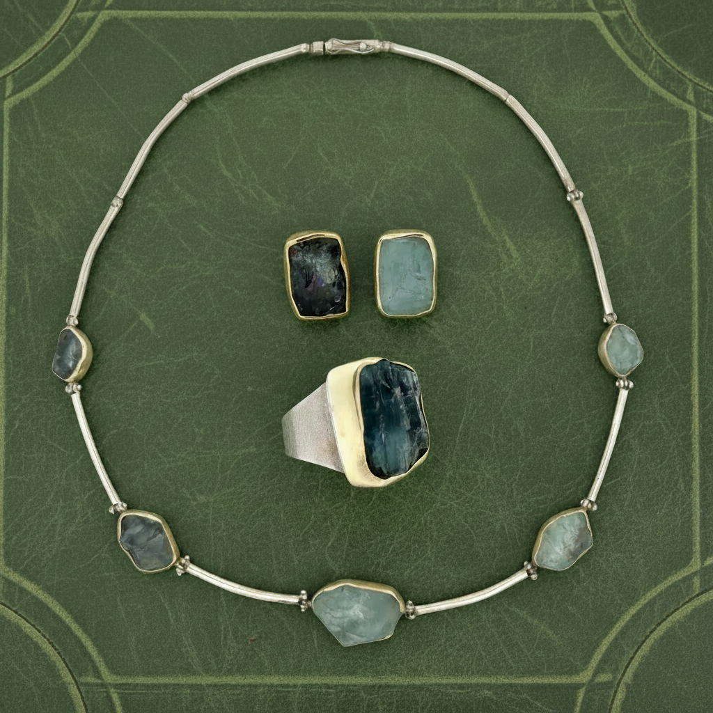 Modern Designer Rough Cut Aquamarine, Silver & 18kt Yellow Gold Set